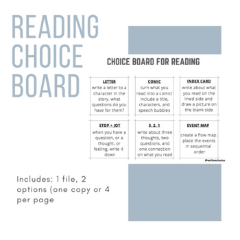 Preview of Reading Response Choice Board