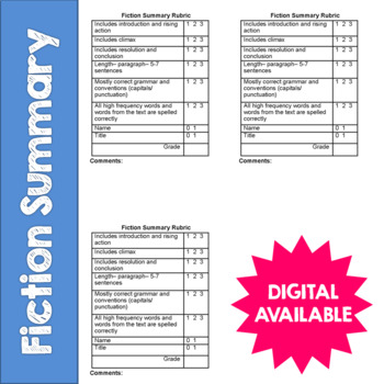 Preview of Fiction Summary Reading Response Rubric- 4th, 5th, 6th, 7th, 8th- DIGITAL