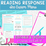 Reading Response Ice Cream Menu Digital and Print