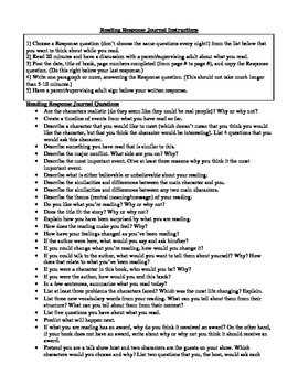 Preview of Reading Response Journal Instructions and Questions