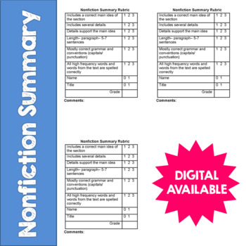 Preview of Nonfiction Summary- Reading Response Rubric-  4th, 5th, 6th, 7th, 8th- DIGITAL