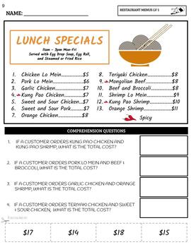 Reading Restaurant Menus #2 Worksheets by Adulting Made Easy aka