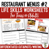 Reading Restaurant Menus #2 Worksheets