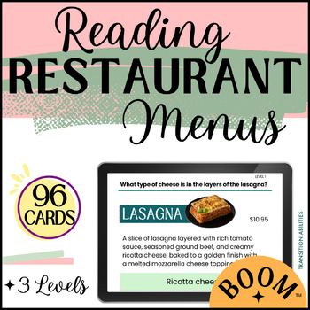 Preview of Reading Restaurant Menus | 3 Levels | Functional Reading BOOM CARDS Activity