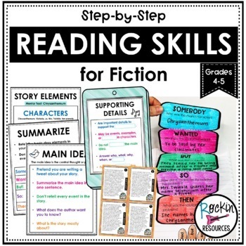 Preview of Reading Skills for Reading Comprehension, Story Elements, Summarize, Task Cards