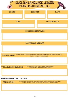 Preview of Reading Skills Lesson Plan Template