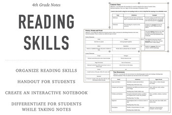 Preview of Reading Skills Notes - Interactive Notebook / Handout