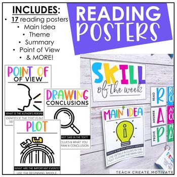 Preview of Reading Posters: Reading Comprehension Skills, Reading Strategies Story Elements