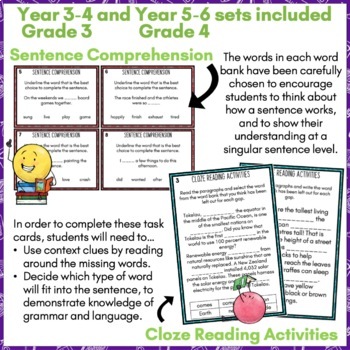 Reading Skills Task Cards Word Recognition Context Clues Cloze Activities