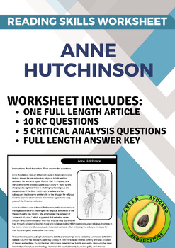 Preview of Reading Skills Worksheet: Anne Hutchinson