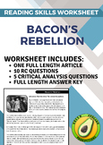 Reading Skills Worksheet: Bacon's Rebellion