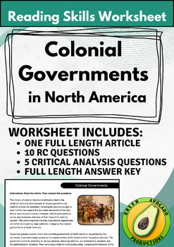 Preview of Reading Skills Worksheet: Colonial Governments in North America