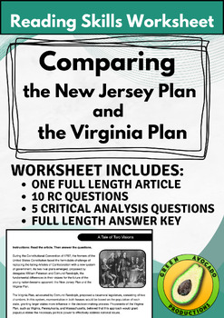 Preview of Reading Skills Worksheet: Comparing the New Jersey Plan and the Virginia Plan