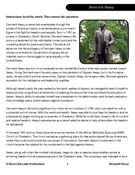 Preview of Reading Skills Worksheet: Denmark Vesey - A Freedom Fighter's Legacy
