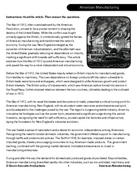 Preview of Reading Skills Worksheet: How the War of 1812 spurred American Manufacturing