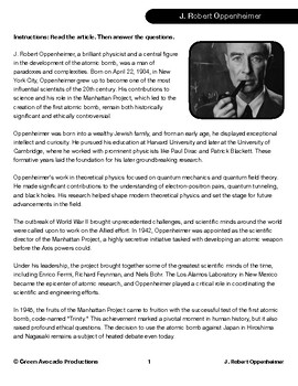 Preview of Reading Skills Worksheet: J. Robert Oppenheimer