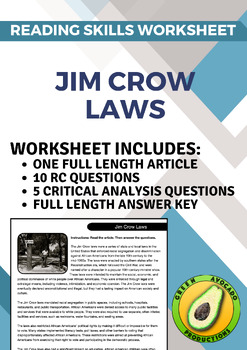 Preview of Reading Skills Worksheet: Jim Crow Laws