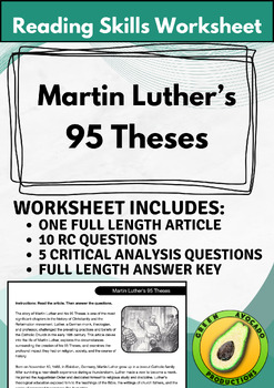 Preview of Reading Skills Worksheet: Martin Luther's 95 Theses