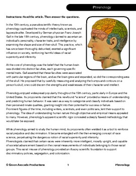 Reading Skills Worksheet: Phrenology by Green Avocado Productions