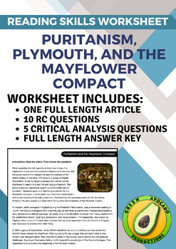 Preview of Reading Skills Worksheet: Puritanism, Plymouth and the Mayflower Compact