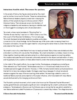 Preview of Reading Skills Worksheet: Tecumseh and The Prophet