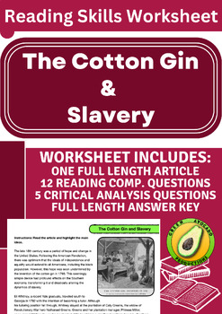 Preview of Reading Skills Worksheet: The Cotton Gin and Slavery