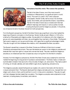 Preview of Reading Skills Worksheet: The Fall of the Aztec Empire