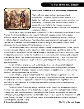 Preview of Reading Skills Worksheet: The Fall of the Inca Empire