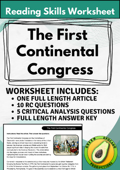 Preview of Reading Skills Worksheet: The First Continental Congress