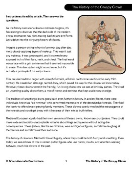 Preview of Reading Skills Worksheet: The History of Clowns