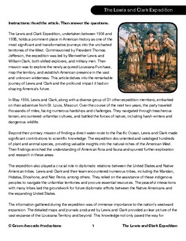 Preview of Reading Skills Worksheet: The Lewis and Clark Expedition