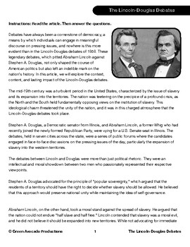 Preview of Reading Skills Worksheet:  The Lincoln-Douglas Debates