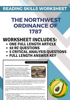 Preview of Reading Skills Worksheet: The Northwest Ordinance of 1787