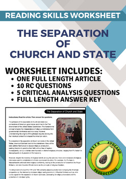 Preview of Reading Skills Worksheet: The Separation of Church and State