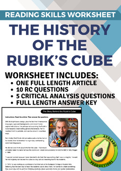 Preview of Reading Skills Worksheet: The Story Behind the Rubik's Cube