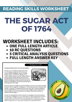 Preview of Reading Skills Worksheet: The Sugar Act of 1764