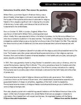 Preview of Reading Skills Worksheet: William Penn and the Quakers