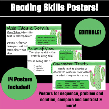 Preview of Reading Skills and Strategies Posters Cactus Theme