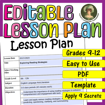 Preview of Reading Strategies : Editable Lesson Plan for High School