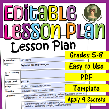 Preview of Reading Strategies : Editable Lesson Plan for Middle School