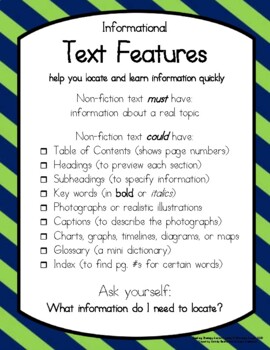 Reading Strategies - Informational Text Features Anchor Chart/Mini Poster