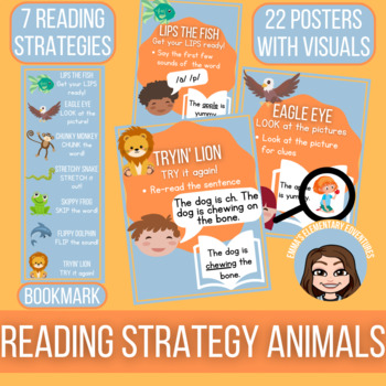 Preview of Reading Strategy Posters & Bookmark With Animals