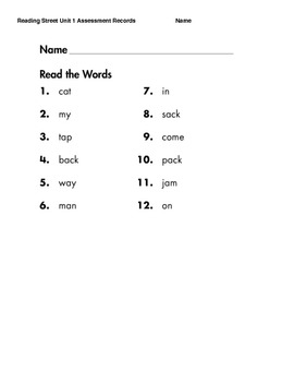 Reading Street CC Unit 1 Weeks 1-3 Oral Reading Assessment Record Sheet