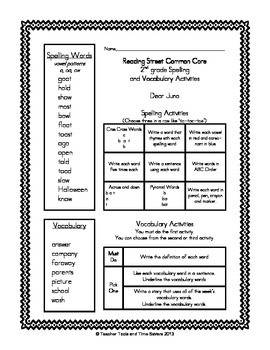 Reading Street 2nd Grade Spelling & Vocabulary Activities