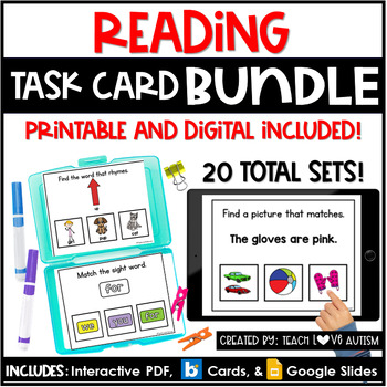 Preview of Reading Task Cards Bundle | Printable Task Cards | Boom Cards | K to 3rd Grade