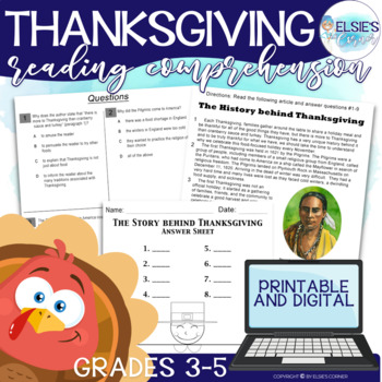 Preview of Thanksgiving Reading Comprehension Passage and questions