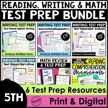 Preview of Reading Test Prep, Writing Test Prep, & Math Test Prep | 5th Grade Bundle