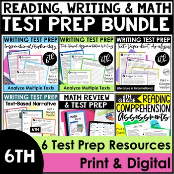 Preview of Reading Test Prep, Writing Test Prep, & Math Test Prep | 6th Grade Bundle