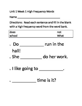 Preview of Reading Wonders High Frequency Words Fill in the blank Assessment