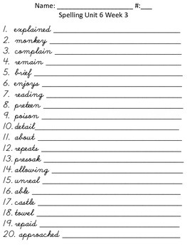  Reading Wonders Unit 6 Spelling Cursive lists - Third 